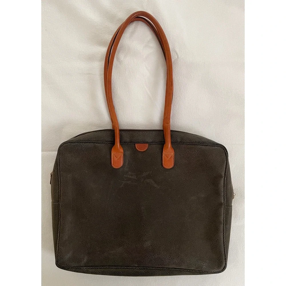 Brics Olive Distressed Flocked Pebble Leather Briefcase Laptop Tote Bag‎ Luxury